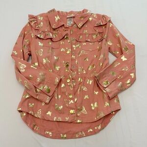 Little Lass Pink and Gold Butterfly Button Down Shirt